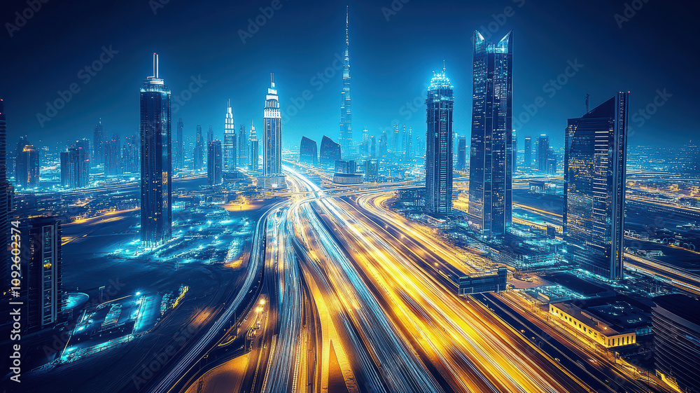 Fototapeta premium Nighttime view of skyscrapers and traffic
