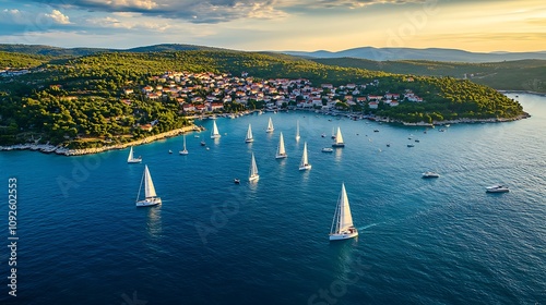 Stunning Aerial View of Sailboats in a Picturesque Croatian Bay at Sunset