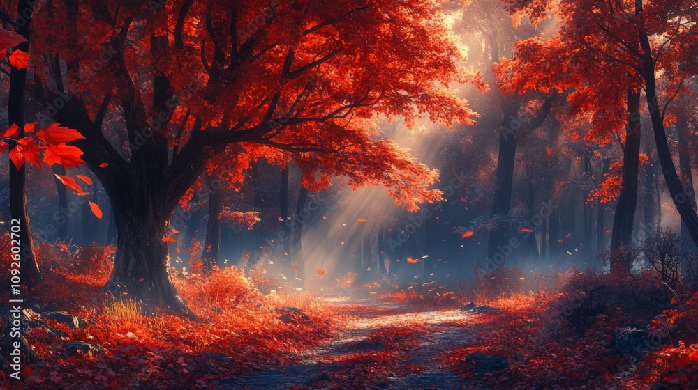 Sunlit Path Through a Crimson Autumn Forest