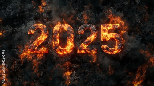 Dynamic animated fire text displaying '2025' virtual environment graphic design fiery background eye-catching concept for digital art