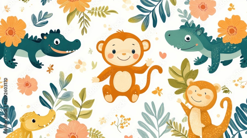 Naklejka premium Playful jungle animals like monkeys, sloths, and crocodiles in a vibrant floral setting. Fun and cheerful vector illustration