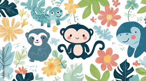 Playful jungle animals like monkeys, sloths, and crocodiles in a vibrant floral setting. Fun and cheerful vector illustration photo