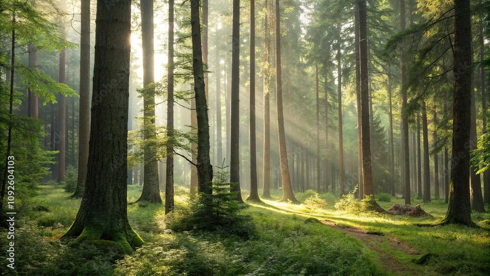 Obraz premium Soft focus captures the serene beauty of a forest illuminated by dappled sunlight, forest ambiance, leafy branches, peaceful atmosphere, green foliage, woodland setting
