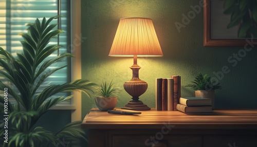Close-Up of a Desk with a Lamp Potted Plant in Soft Natural Light