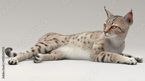 A realistic 3D model of a playful tabby cat with expressive eyes, on a clean white surface