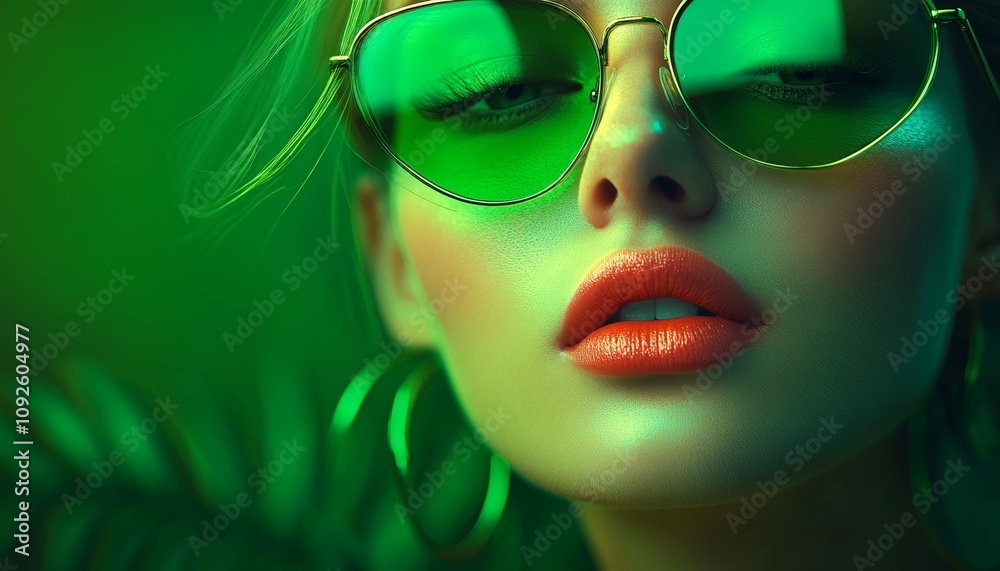 Fototapeta premium Sophisticated Woman in Green Sunglasses Posing with Confident Expression