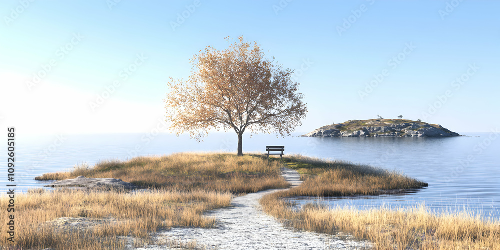 3D Render: Solitary Autumn Tree with Bench on Island, Calm Sea Background 3D Render: Solitary Autumn Tree with Bench on Island, Calm Sea Background
