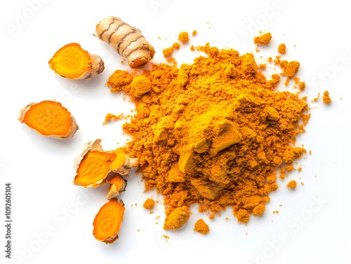 Turmeric Root Slices and Ground Turmeric Powder photo