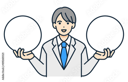 二つの選択肢。制服を着た男子高生が比較をするベクターイラスト素材。