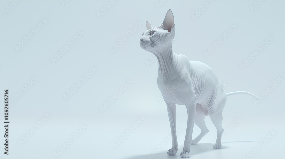 Obraz premium A sleek 3D representation of a Sphynx cat with smooth, textured skin, on a bright white backdrop