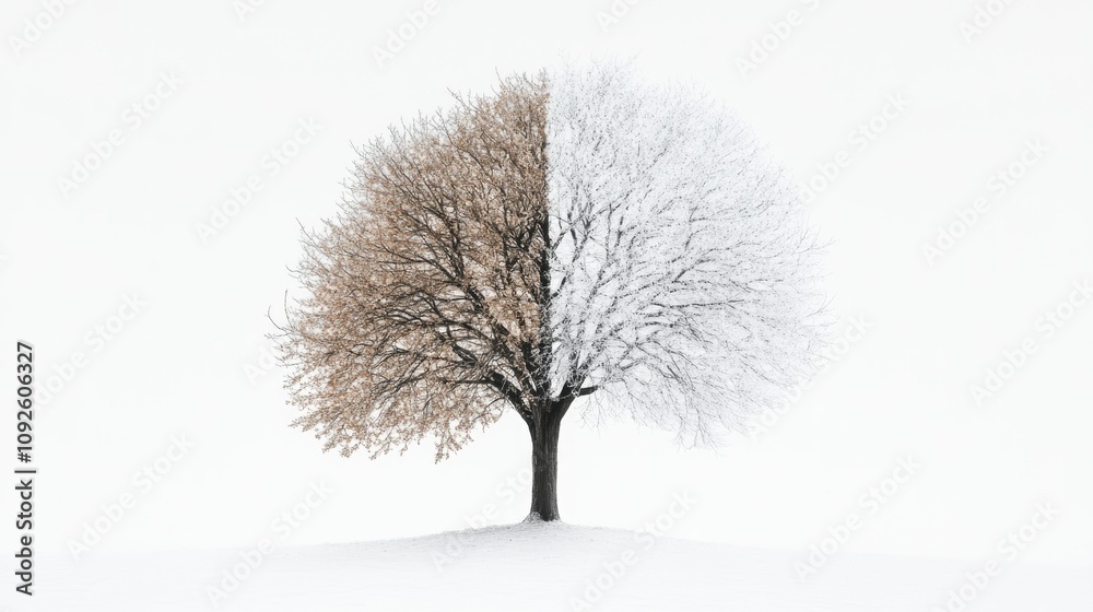 Fototapeta premium A solitary tree with one-half showing frosted, wintery branches and the other half bright and leafy, symbolizing seasonal duality on white