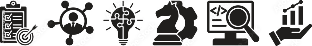 Business strategy web icons collection. Business solution icons for web and mobile apps. List of plans, social business teams, solutions, marketing, management data and business revenue results Business strategy web icons collection. Business solution icons for web and mobile apps. List of plans, social business teams, solutions, marketing, management data and business revenue results
