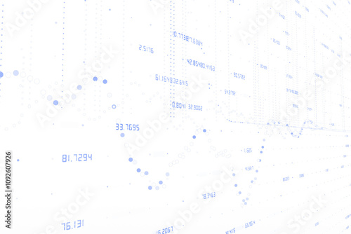 Abstract design featuring numerical values and blue dots on white background, representing data visualization and tech analytics concept