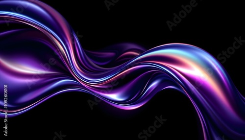 Abstract fluid 3D render with a black background and holographic, iridescent neon curved wave in motion. Abstract fluid iridescent holographic curved wave in motion colorful gradient design