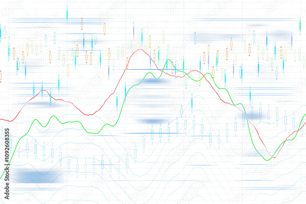 Stock market candlestick chart with red and green trend lines, grid overlay, white background. Financial data visualization for trading analysis Stock market candlestick chart with red and green trend lines, grid overlay, white background. Financial data visualization for trading analysis