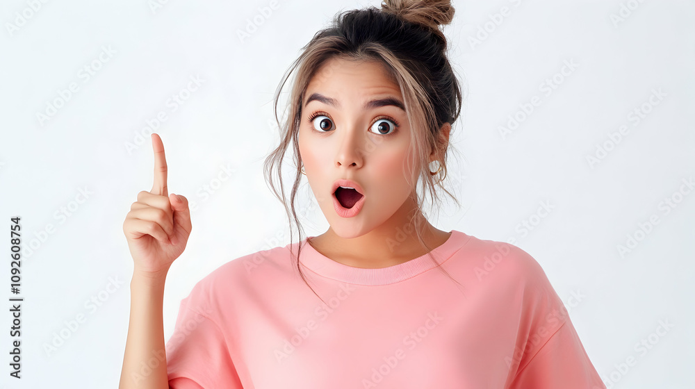 Surprised Woman in Pink Shirt Points Upward,  Expressing Amazement and a Sudden Idea.