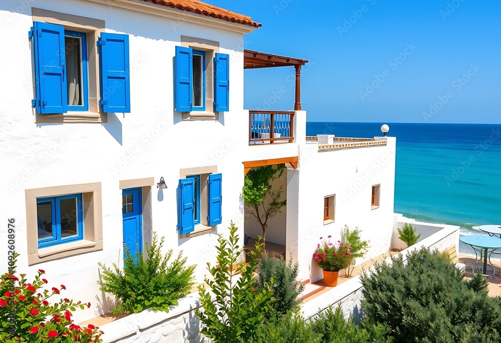 Fototapeta premium A scenic wallpaper of a coastal villa in Çeşme, showcasing whitewashed walls, blue shutters, and a view of the turquoise Aegean Sea, embodying the relaxed atmosphere of summer by the coast.