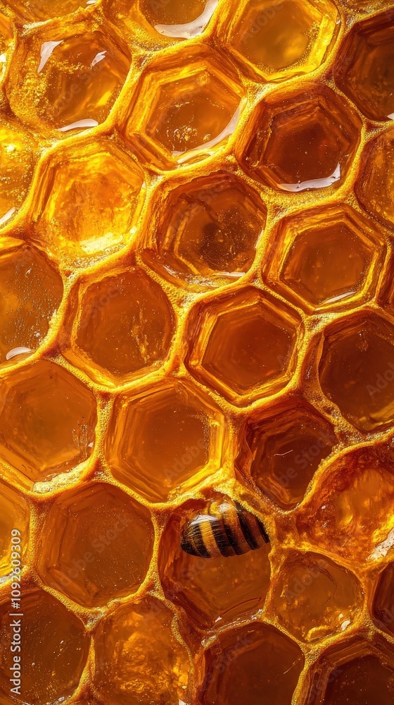Close-up view of honeycomb filled with golden honey, featuring a bee nestled among the hexagonal cells. Close-up view of honeycomb filled with golden honey, featuring a bee nestled among the hexagonal cells.