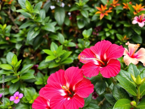 Vibrant hibiscus flowers in a lush garden, surrounded by green foliage and colorful tropical plants, hawaiianhibiscus, tropicalhibiscus photo