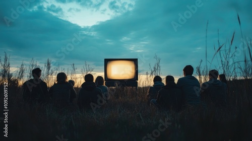 A group of people watch an old television in a field at sunset.