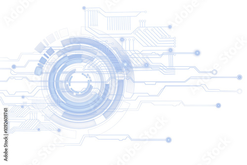 Abstract futuristic tech circuit design with circular elements and blue lines on white background. Concept of data, tech, and innovation