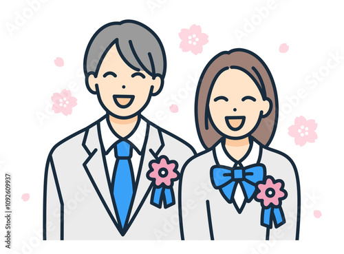 入学式を迎えた男女。胸にコサージュを付けた高校生のベクターイラスト素材。