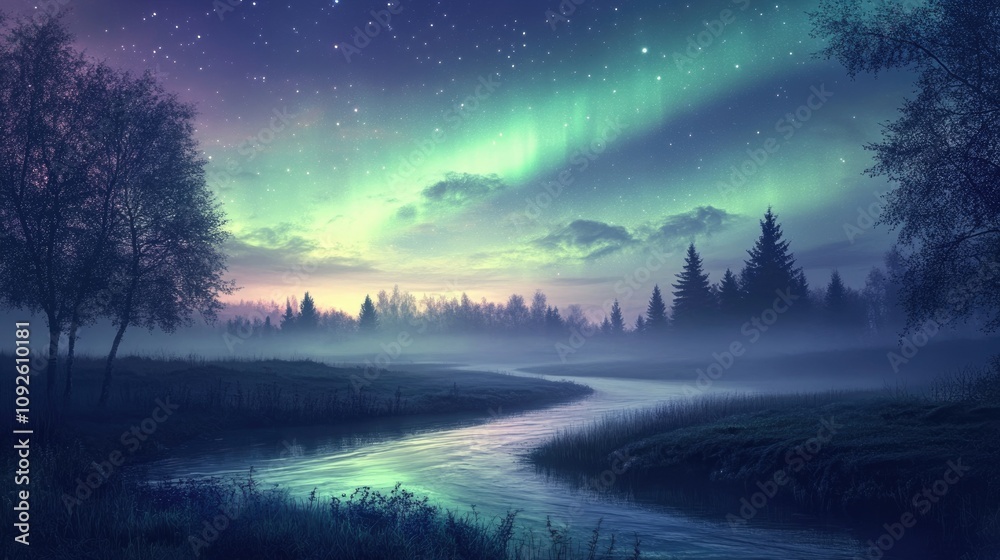 A vivid aurora borealis glows over a tranquil field surrounded by misty trees, with faint stars visible in the pre-dawn sky. A soft stream meanders through the field, A vivid aurora borealis glows over a tranquil field surrounded by misty trees, with faint stars visible in the pre-dawn sky. A soft stream meanders through the field,