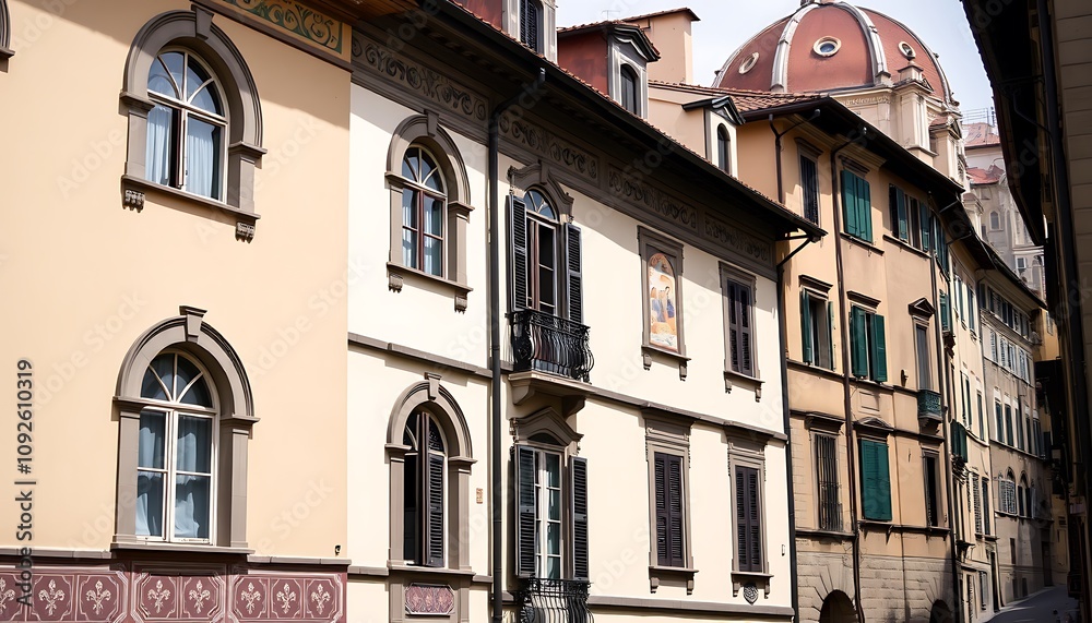 Fototapeta premium An elegant Florentine townhouse wallpaper showcasing arched windows, terracotta tiles, and intricate frescoes, set against the backdrop of the historic streets of Florence.