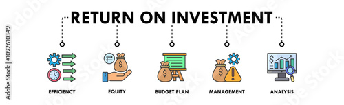 Return On Investment banner web icon illustration concept with icon of efficiency, equity, budget plan, management, and analysis