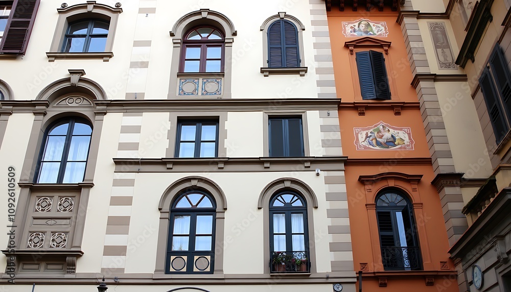 Obraz premium An elegant Florentine townhouse wallpaper showcasing arched windows, terracotta tiles, and intricate frescoes, set against the backdrop of the historic streets of Florence.