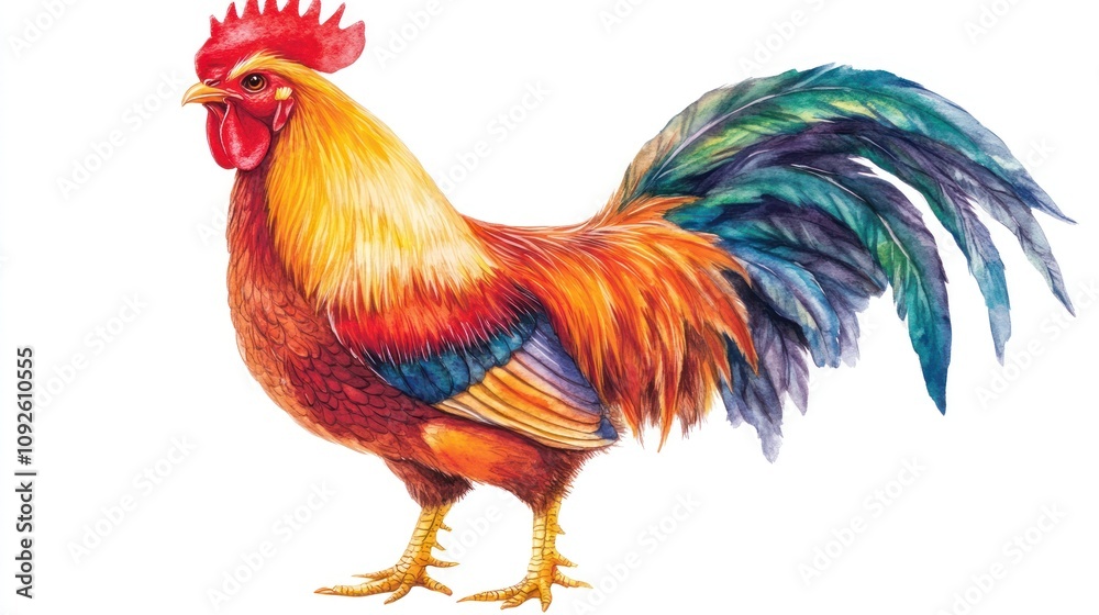 Fototapeta premium A vibrant illustration of a colorful rooster with detailed feathers.