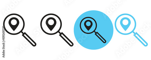 Search location icon vector set, search location concept, Location pin and magnifying glass icon set for location finding isolated on white background.