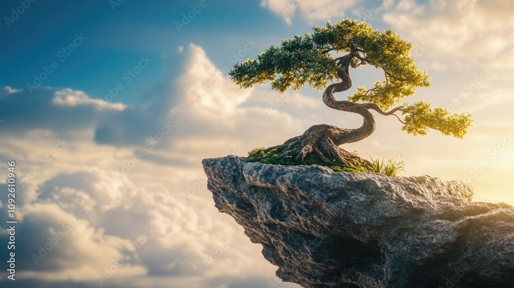 Fototapeta premium A windswept bonsai tree growing from a pot designed as a cliffside, symbolizing survival against harsh winds and storms. The stark contrast evokes inner strength. Wide-angle lens.