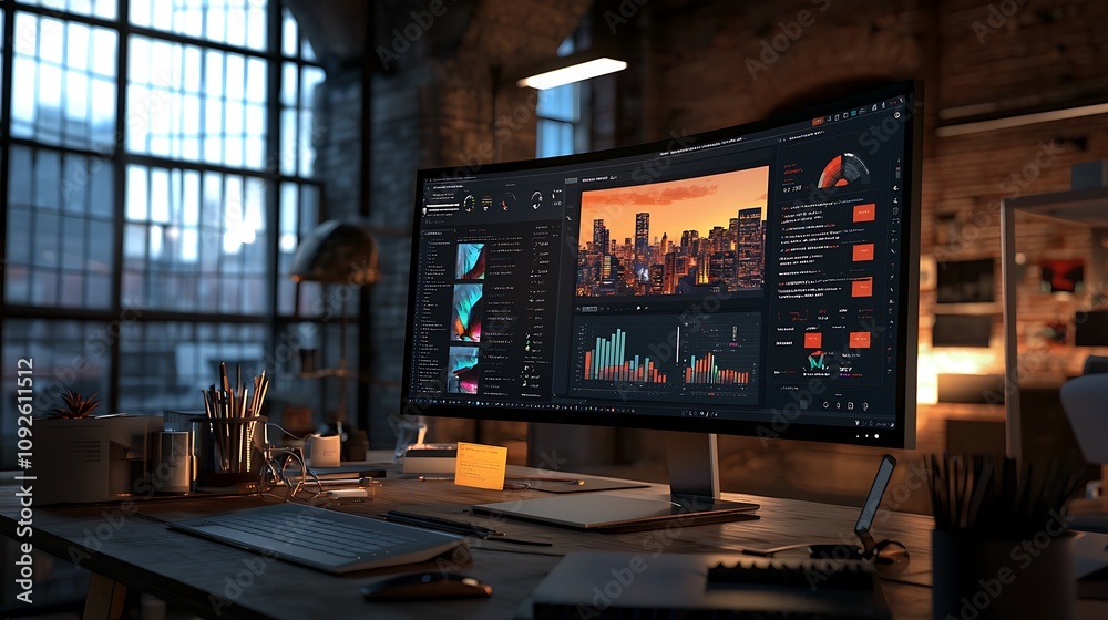 Modern Workspace Designer s Desk with Curved Monitor Cityscape Data Analytics Modern Workspace Designer s Desk with Curved Monitor Cityscape Data Analytics