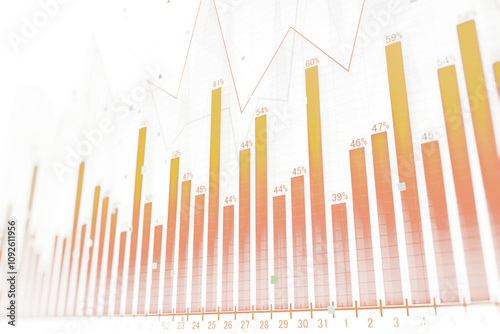 Bar chart with orange and yellow bars and a line graph overlay on a light grid background, showing percentages. Concept of data analysis and statistics