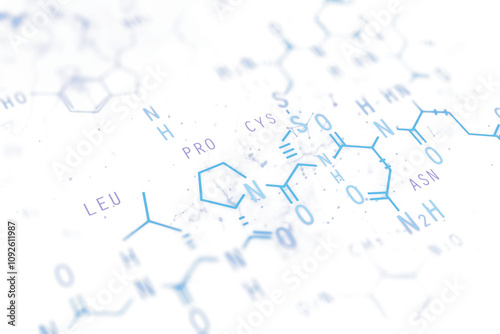 A closeup of molecular structure diagrams with amino acid labels like LEU, PRO, displayed on a white background. Concept of biochemistry and science