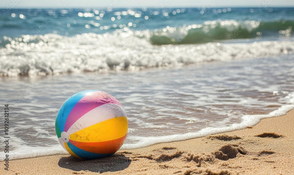 Obraz premium A colorful beach ball resting on sandy shore near ocean waves.