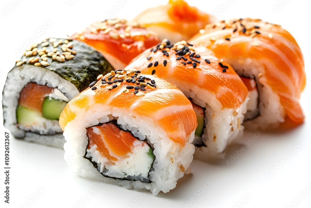 Salmon and Cucumber Sushi Rolls with Sesame Seeds and Black Sesame Seeds Salmon and Cucumber Sushi Rolls with Sesame Seeds and Black Sesame Seeds