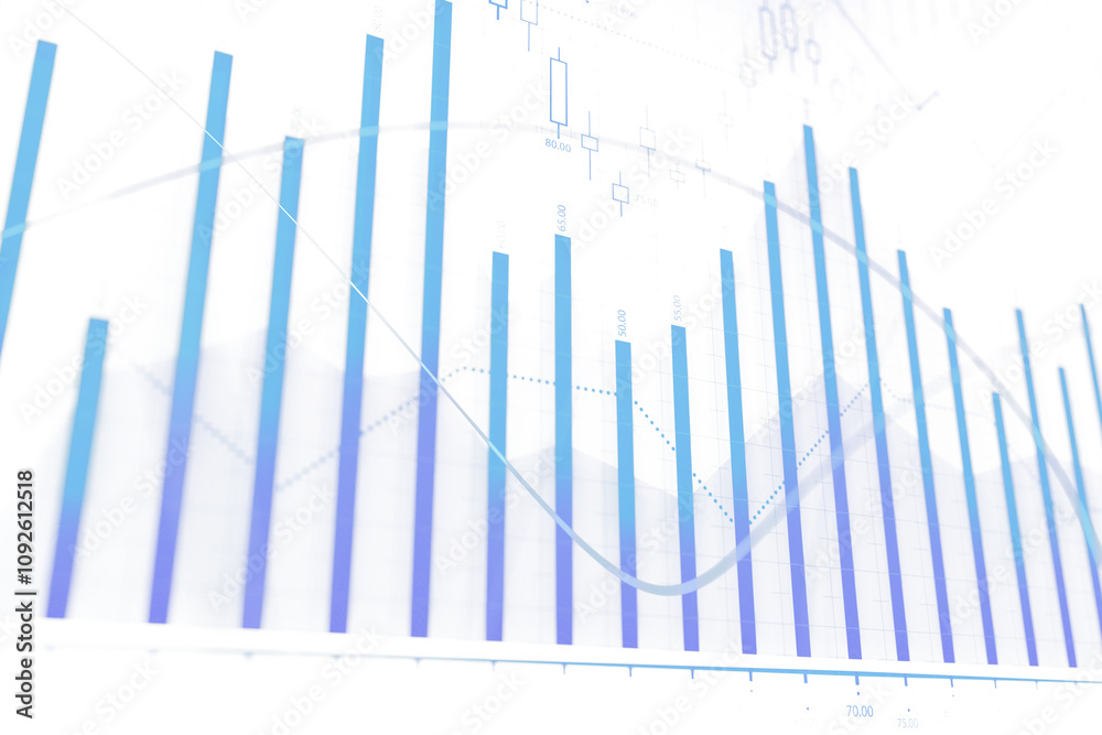 Fototapeta premium Abstract financial chart featuring blue bars, candlesticks, and trendlines on a clean white background, ideal for forex or stock market concepts