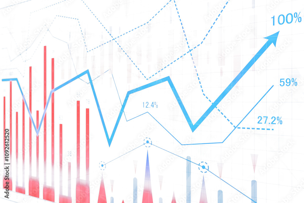 Financial charts with red bar graphs, blue line graphs, percentages, and dotted lines on a white background. Concept of stock market analysis Financial charts with red bar graphs, blue line graphs, percentages, and dotted lines on a white background. Concept of stock market analysis