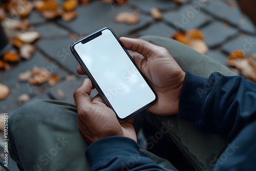 A man sitting on a bench, holding a mock up of a smartphone with a white screen in his hands and looking at it