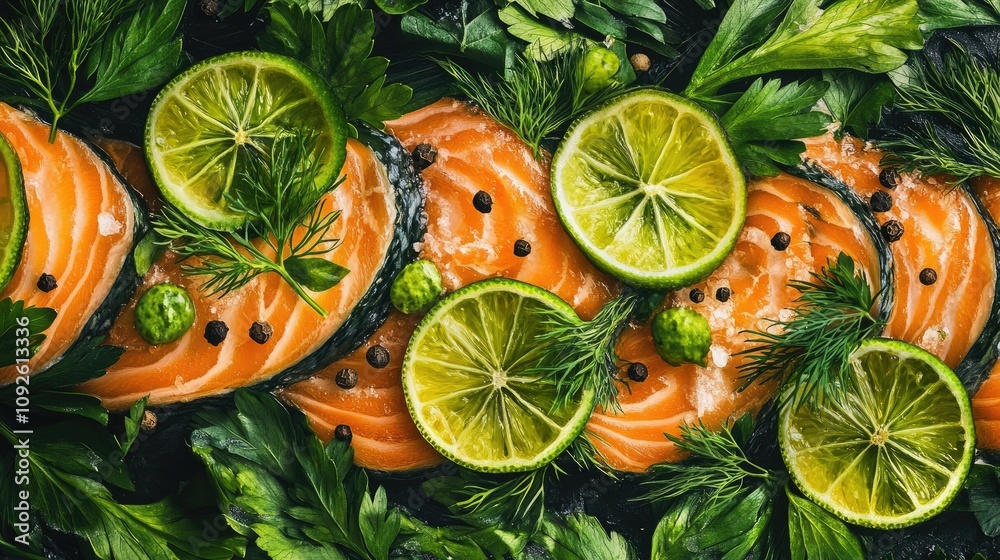 Fresh Sliced Salmon with Lime and Herbs Arrangement Fresh Sliced Salmon with Lime and Herbs Arrangement