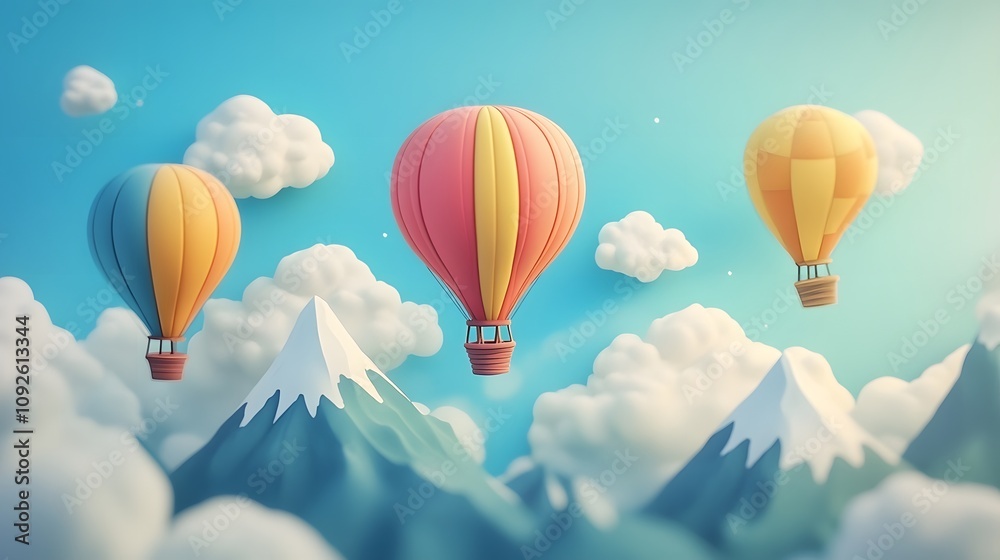 Fototapeta premium Colorful hot air balloons floating in the sky, with clouds and mountains in the background