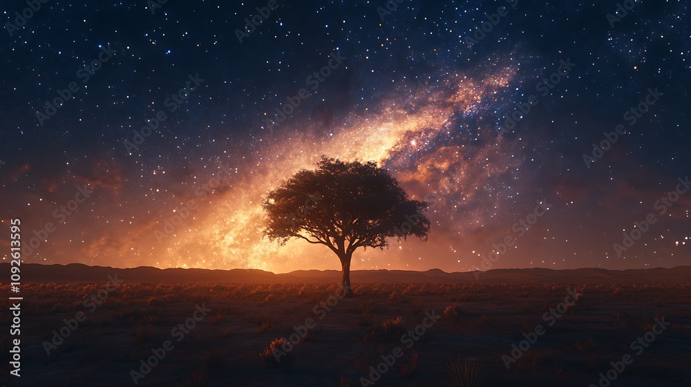 Lone tree against the milky way's glow in a peaceful and wide-open desert landscape Lone tree against the milky way's glow in a peaceful and wide-open desert landscape