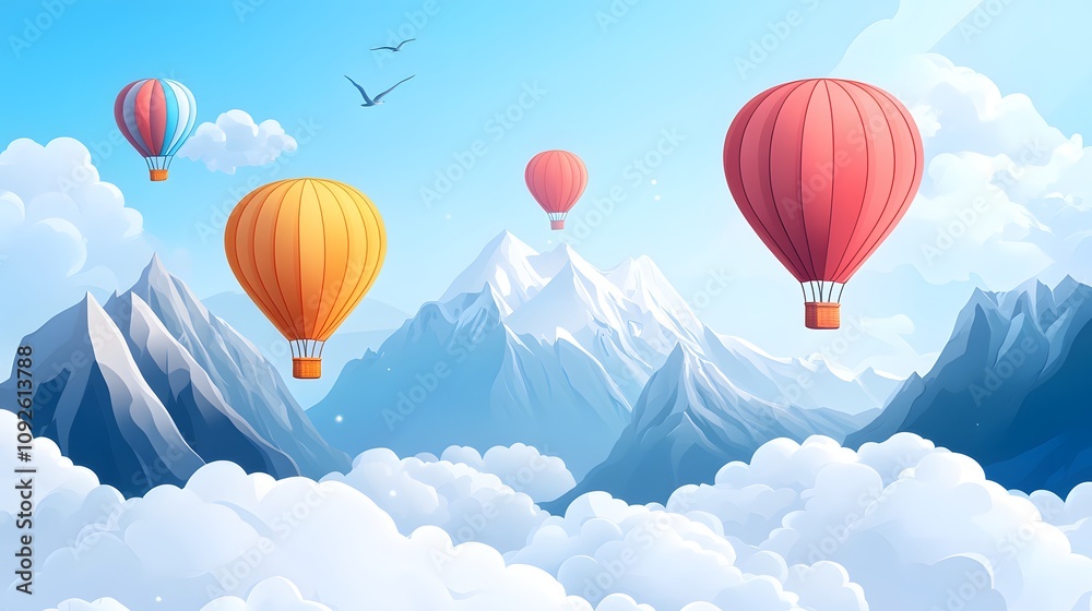 Obraz premium Colorful hot air balloons floating in the sky, with clouds and mountains in the background