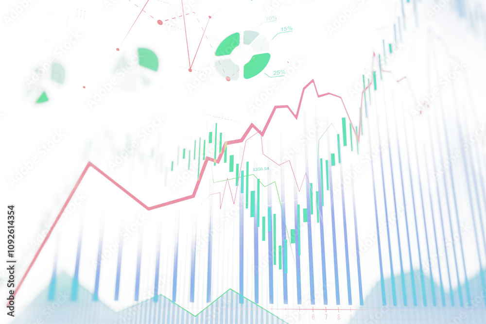 Obraz premium Closeup of colorful financial charts, graphs, and pie charts with red and green lines overlaid on a white background, representing business data concepts