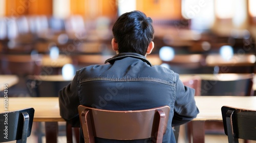 Solitary figure in modern empty cafe, staring out window with distant look, symbolizing social loneliness and introspection in urban life.	