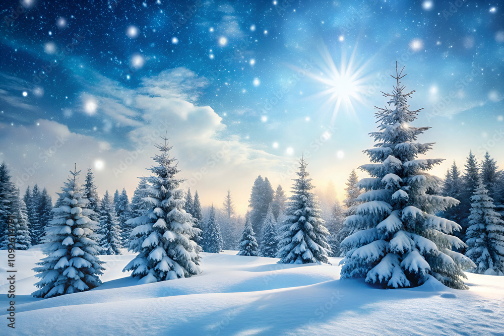 Fototapeta premium A serene winter landscape featuring snow-covered trees under a starry sky with bright sunlight illuminating the scene.
