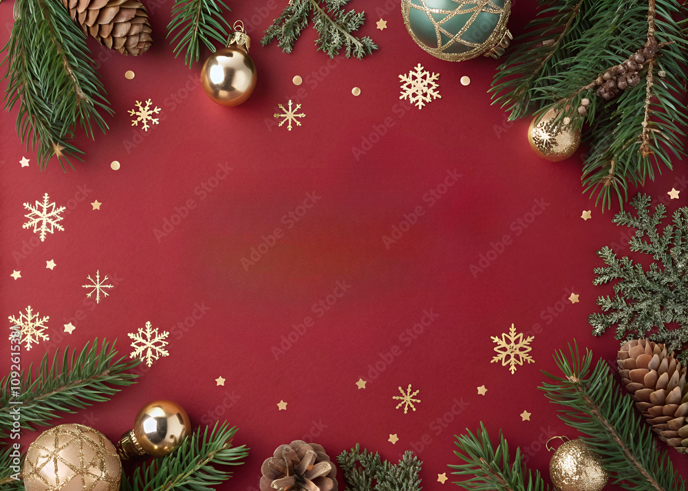 A festive arrangement featuring pine branches, ornaments, and snowflakes on a rich red background, perfect for holiday decorations. A festive arrangement featuring pine branches, ornaments, and snowflakes on a rich red background, perfect for holiday decorations.