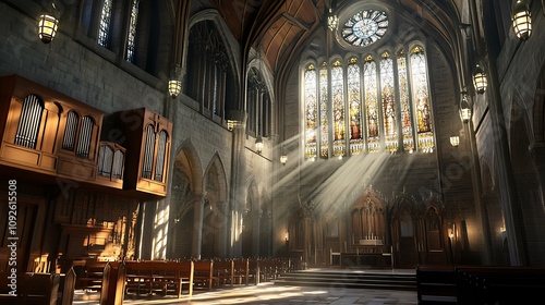 Sunbeams Illuminate the Interior of a Gothic Church